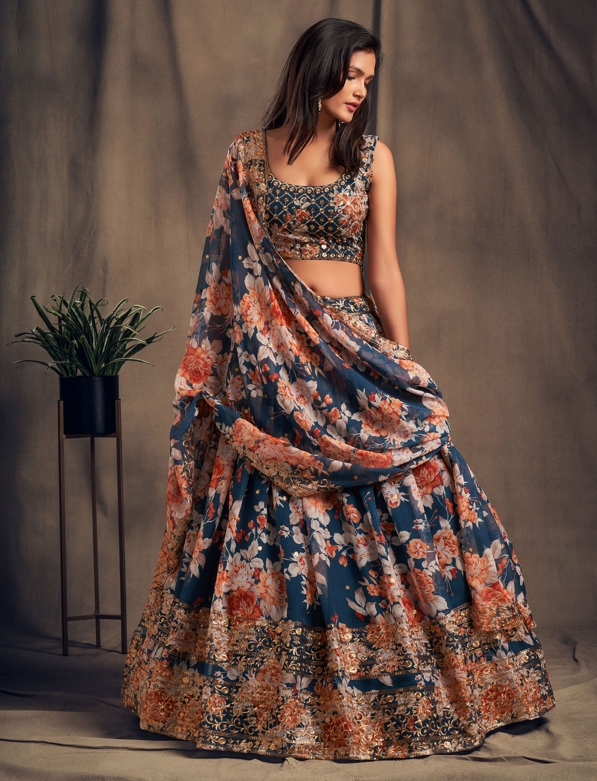 Navy Blue Floral Lehenga Choli with Heavy Zari Embroidery