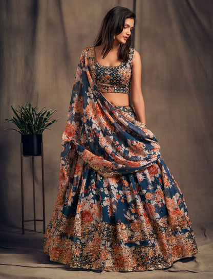 Navy Blue Floral Lehenga Choli with Heavy Zari Embroidery