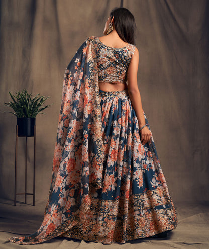 Navy Blue Floral Lehenga Choli with Heavy Zari Embroidery