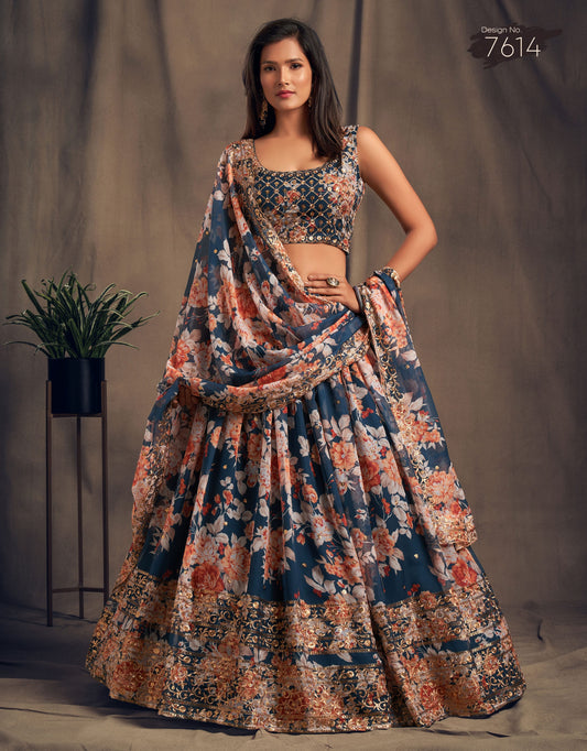 Navy Blue Floral Lehenga Choli with Heavy Zari Embroidery