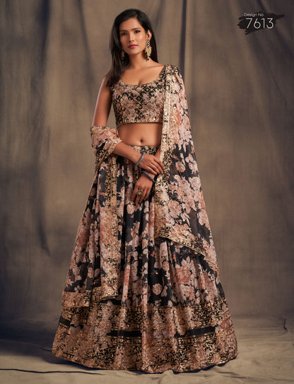 Black Floral Lehenga Choli with Golden Zari Embroidery
