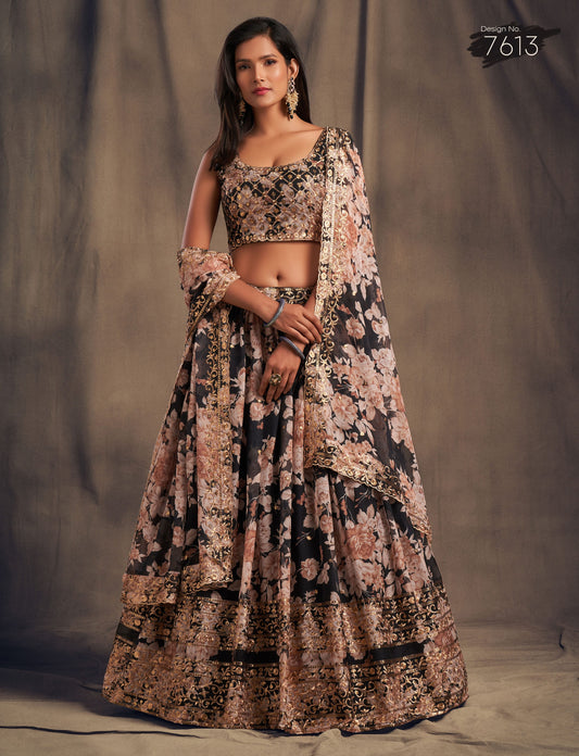 Black Floral Lehenga Choli with Golden Zari Embroidery