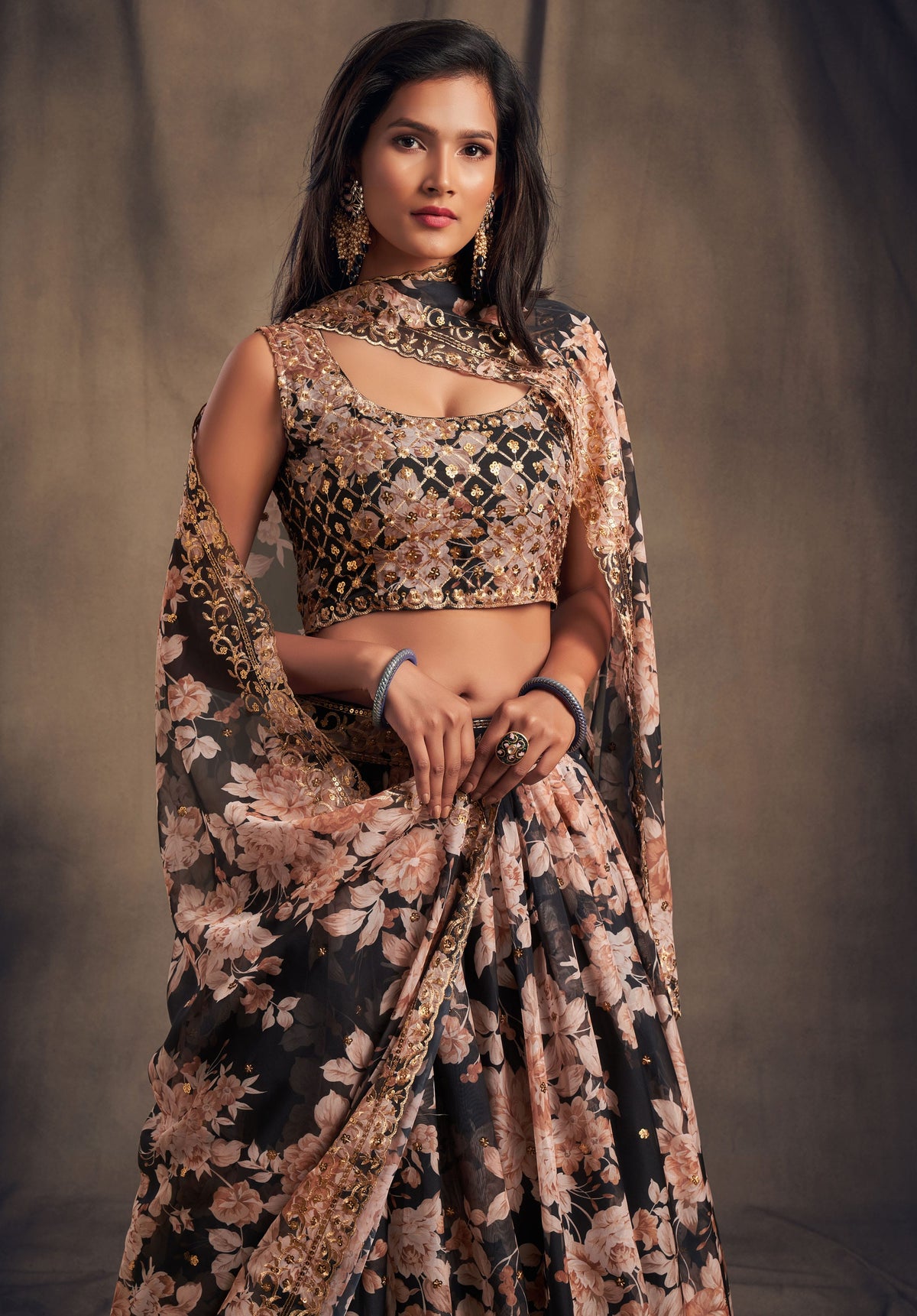 Black Floral Lehenga Choli with Golden Zari Embroidery