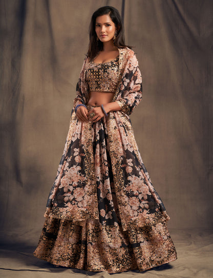Black Floral Lehenga Choli with Golden Zari Embroidery