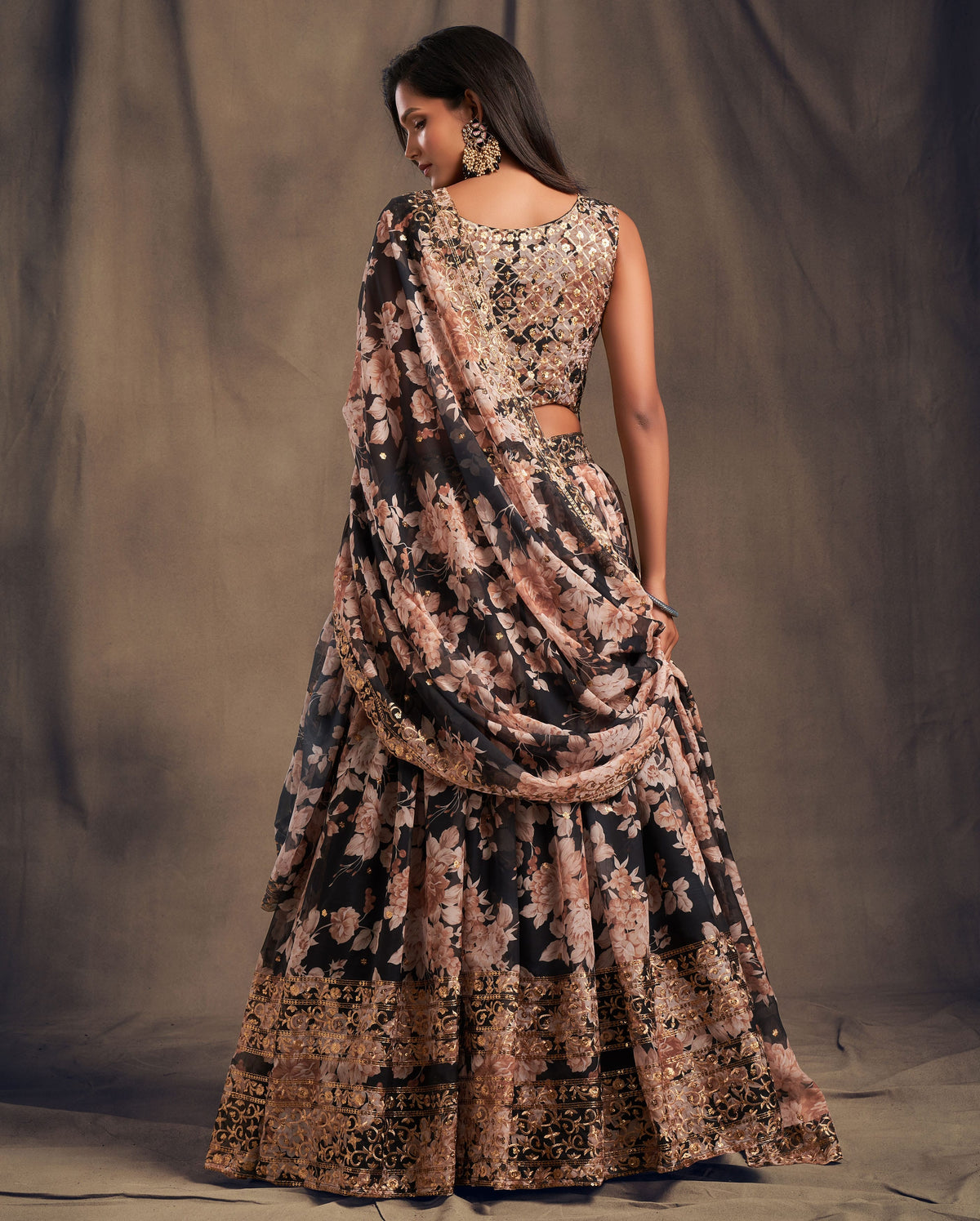 Black Floral Lehenga Choli with Golden Zari Embroidery