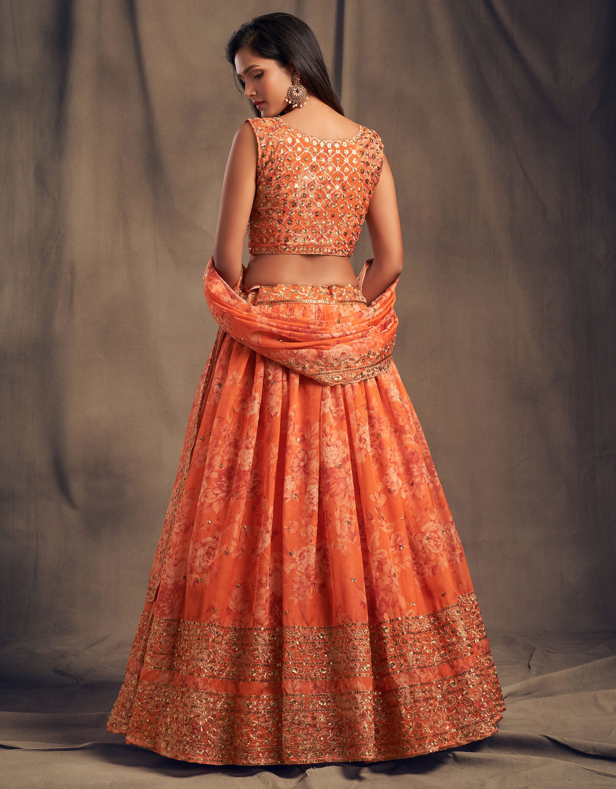 Orange Floral Lehenga Choli with Mirror and Zari Embroidery
