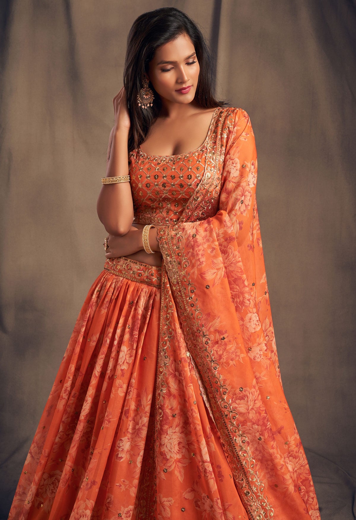Orange Floral Lehenga Choli with Mirror and Zari Embroidery