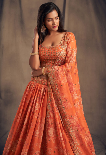 Orange Floral Lehenga Choli with Mirror and Zari Embroidery