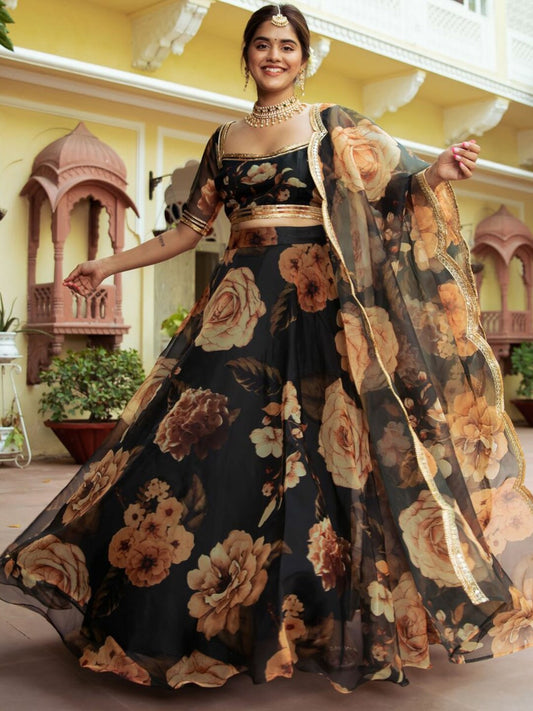Black Floral Printed Lehenga with Sheer Dupatta