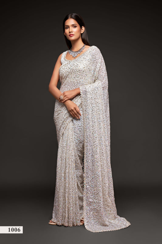 manvanshtrends Silver white sequin saree