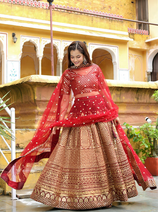 Traditional Bridal Maroon Banarasi Silk Lehenga Choli with Dupatta