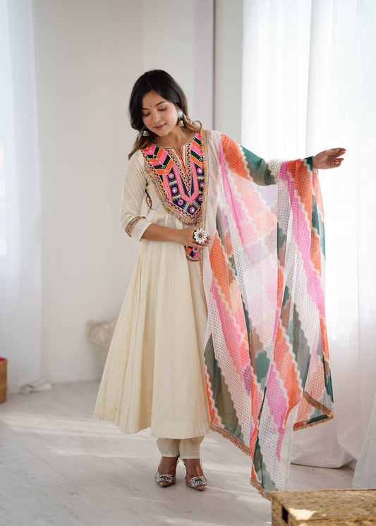 Cream Anarkali Suit with Mirror Work Yoke & Colorful Printed Dupatta