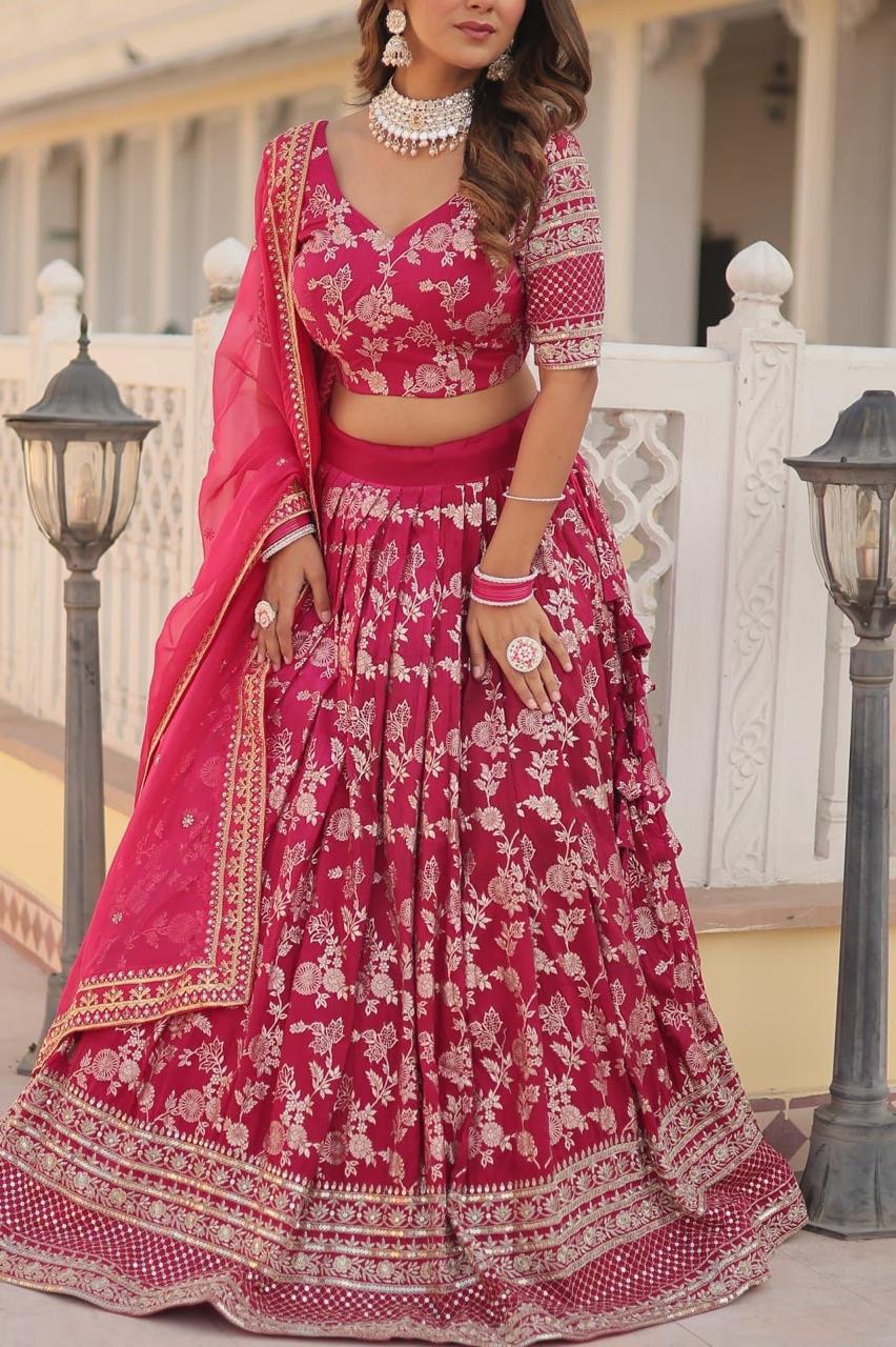 Indian Bridal Rani Pink Embroidered Lehenga Choli Set