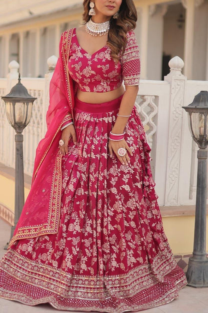 Indian Bridal Rani Pink Embroidered Lehenga Choli Set
