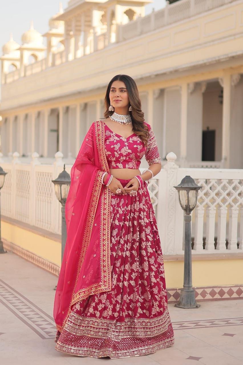 Indian Bridal Rani Pink Embroidered Lehenga Choli Set