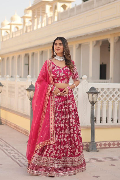 Indian Bridal Rani Pink Embroidered Lehenga Choli Set