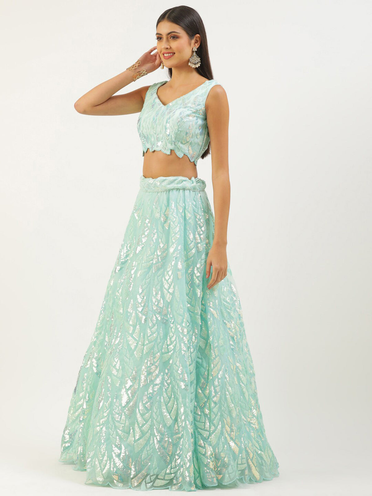 Mint Green Sequin Lehenga Choli with Net Dupatta