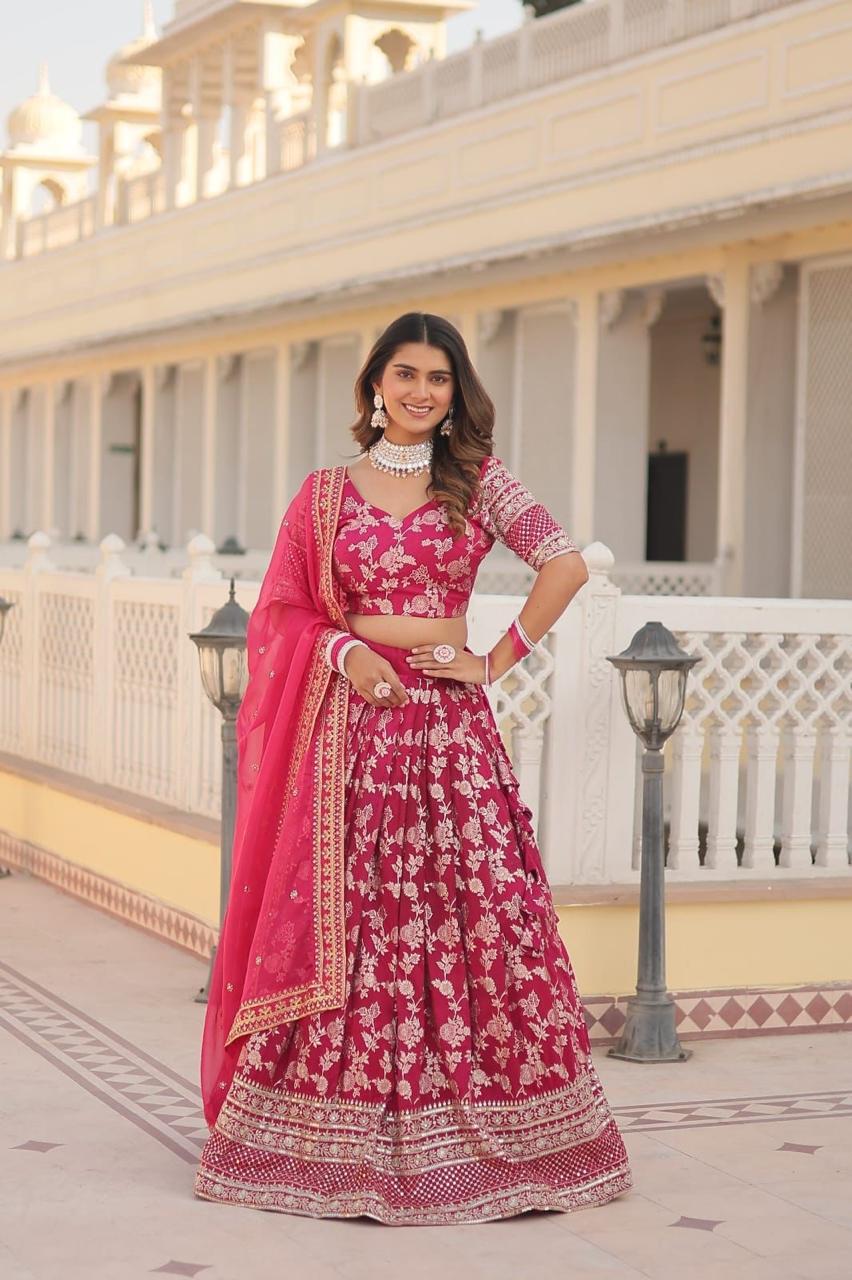 Indian Bridal Rani Pink Embroidered Lehenga Choli Set