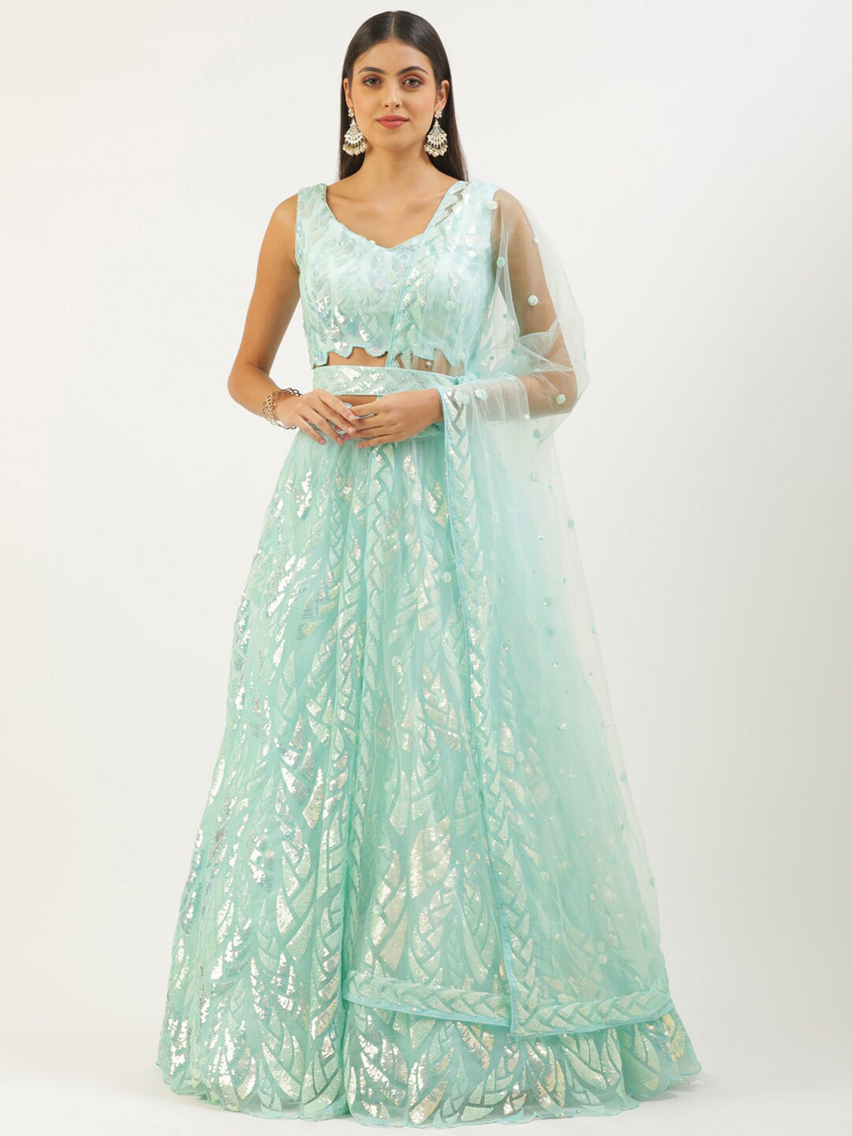 Mint Green Sequin Lehenga Choli with Net Dupatta