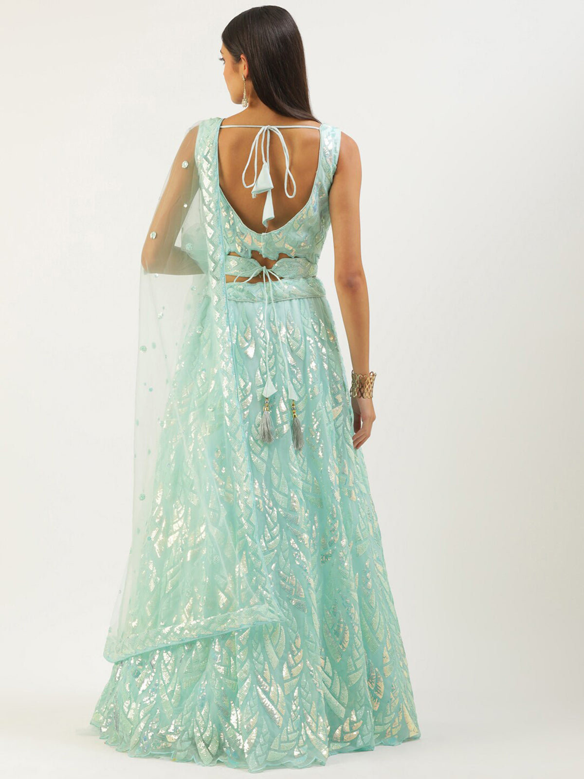 Mint Green Sequin Lehenga Choli with Net Dupatta