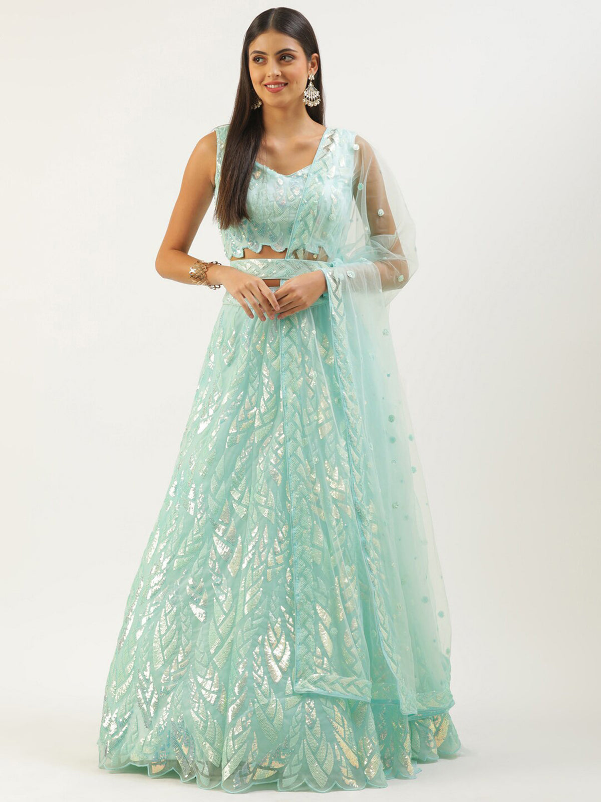Mint Green Sequin Lehenga Choli with Net Dupatta