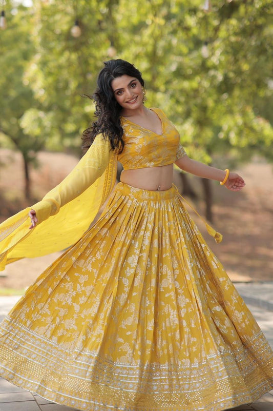 Festive Wear Floral Yellow Wedding Lehenga for Bride & Bridesmaids