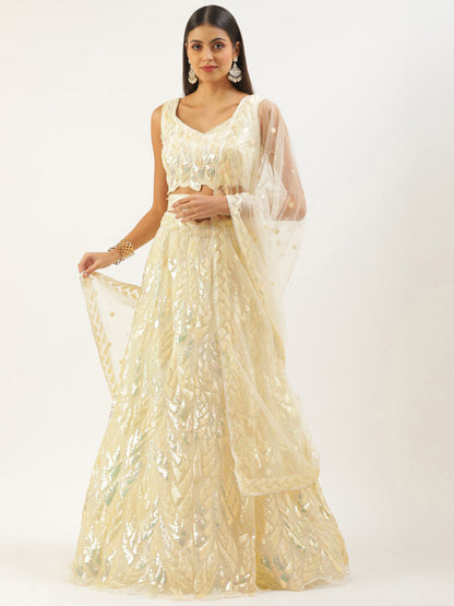 Cream & Gold Sequin Embroidered Lehenga Choli Set with Net Dupatta