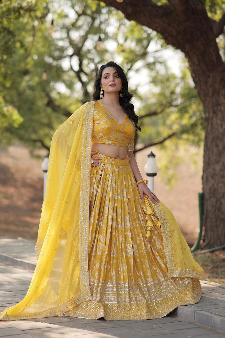 Festive Wear Floral Yellow Wedding Lehenga for Bride & Bridesmaids