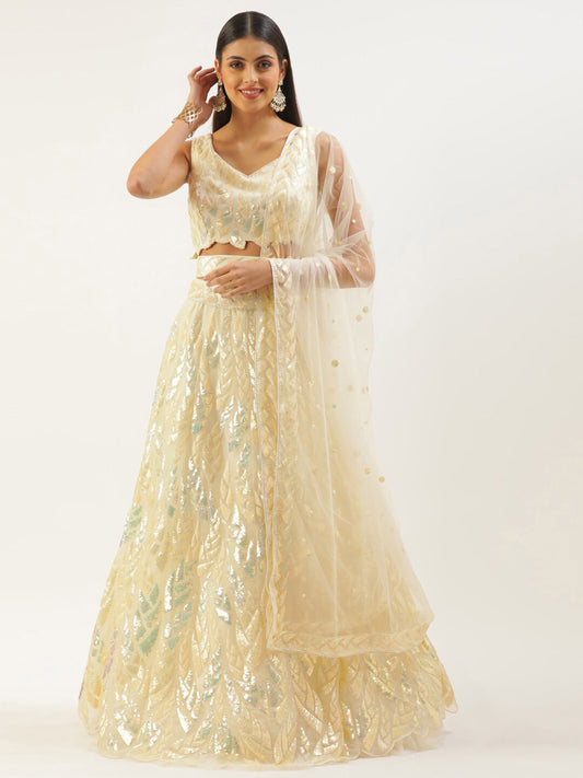 Cream & Gold Sequin Embroidered Lehenga Choli Set with Net Dupatta