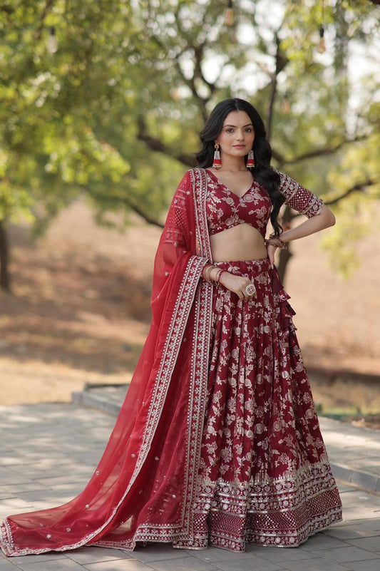 Indian Maroon Embroidered Lehenga  Choli with dupatta for Wedding & Reception