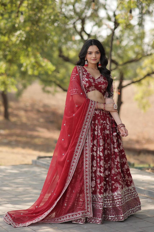Indian Maroon Embroidered Lehenga  Choli with dupatta for Wedding & Reception