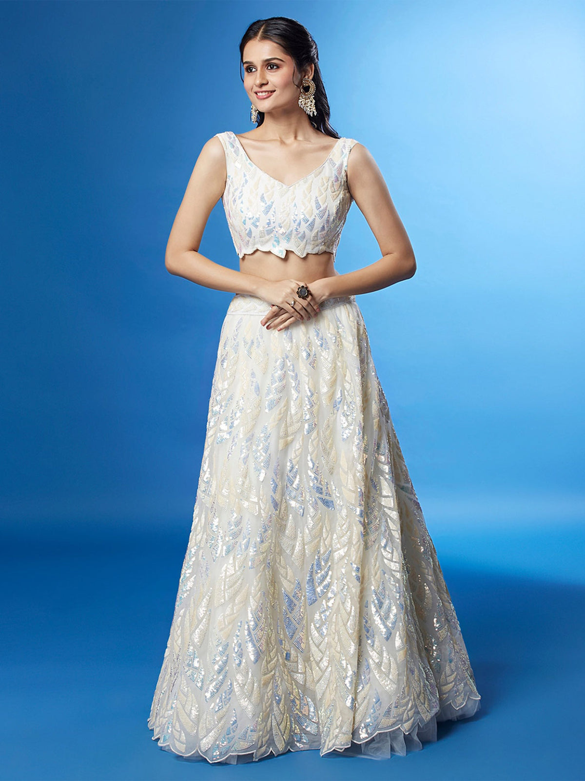 Ivory White Sequin Embroidered Lehenga Choli with Dupatta