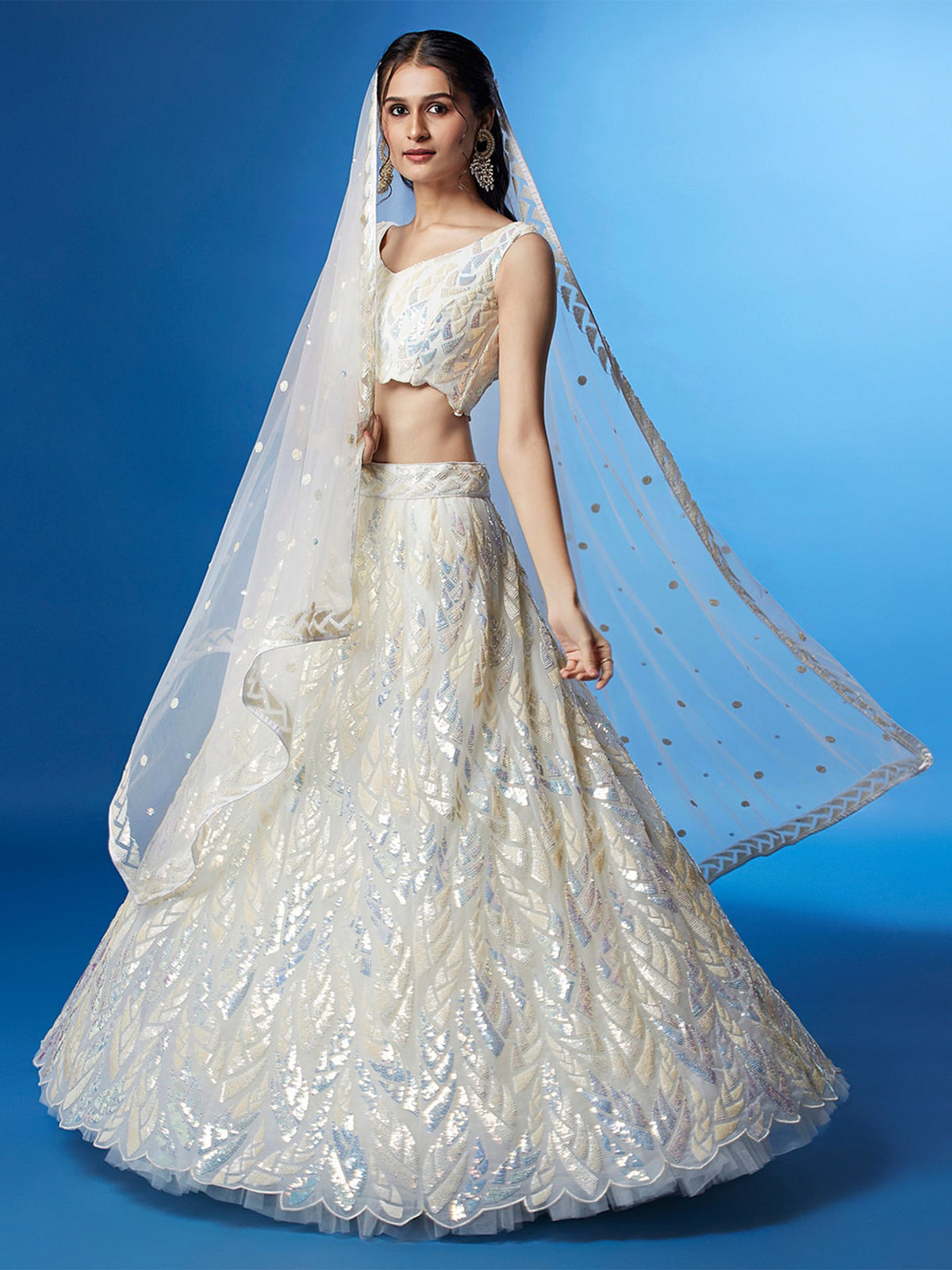 Ivory White Sequin Embroidered Lehenga Choli with Dupatta