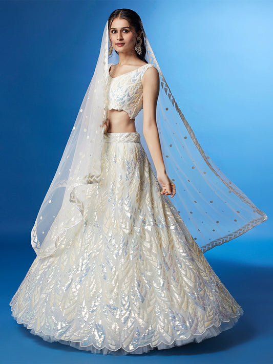 Ivory White Sequin Embroidered Lehenga Choli with Dupatta