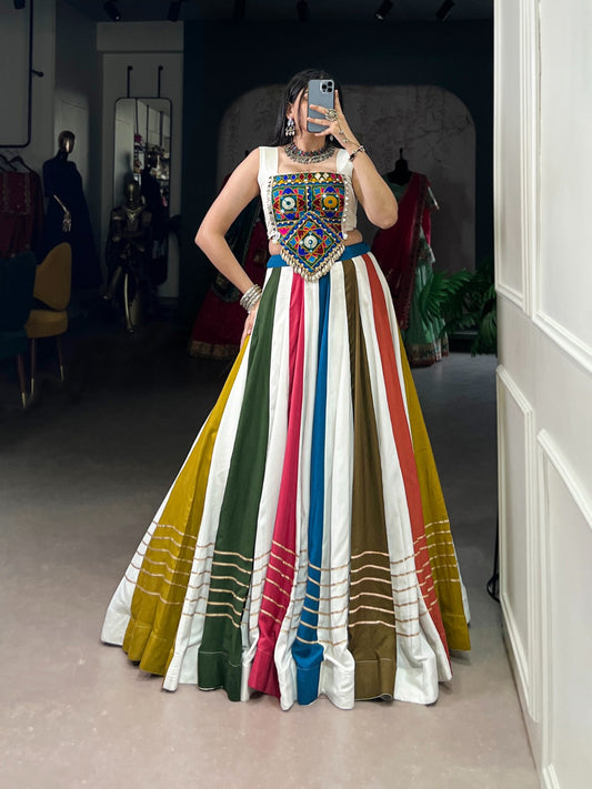 Multicolor Striped Mirror Work Lehenga Choli for Navratri