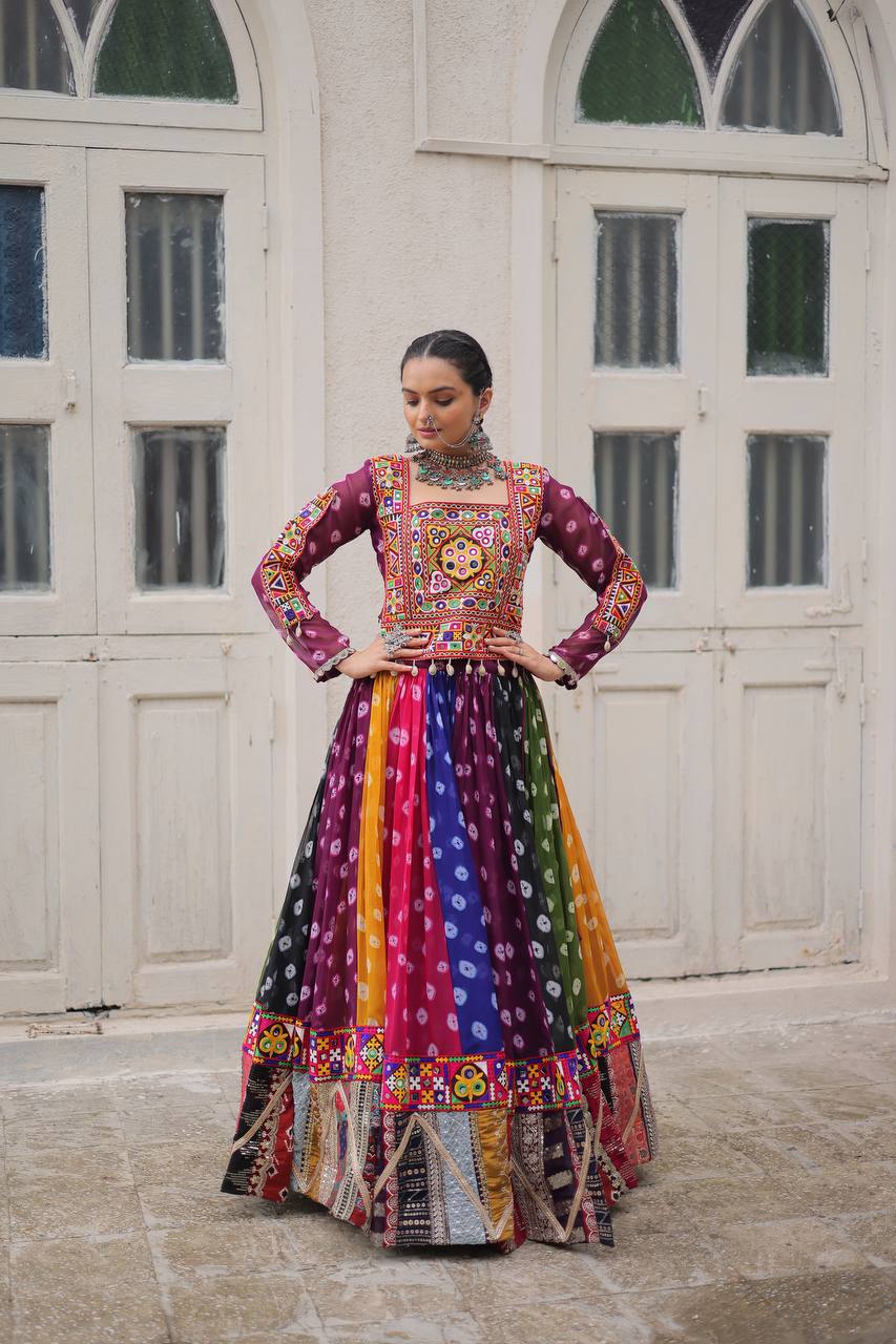 Multicolor Navratri Kutchi Mirror Work Chaniya Choli for Garba