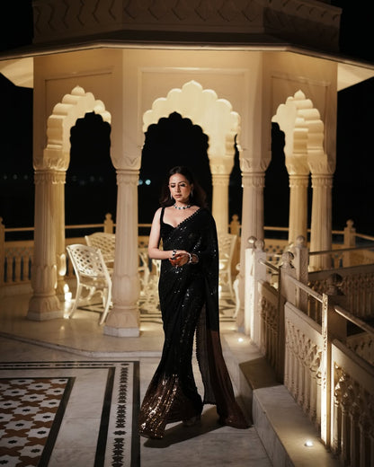 Sargun Mehta Black Sequin Saree Look Modern Party Wear