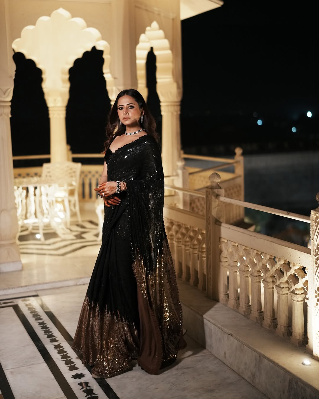 Sargun Mehta Black Sequin Saree Look Modern Party Wear