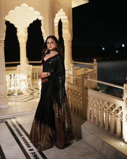 Sargun Mehta Black Sequin Saree Look Modern Party Wear