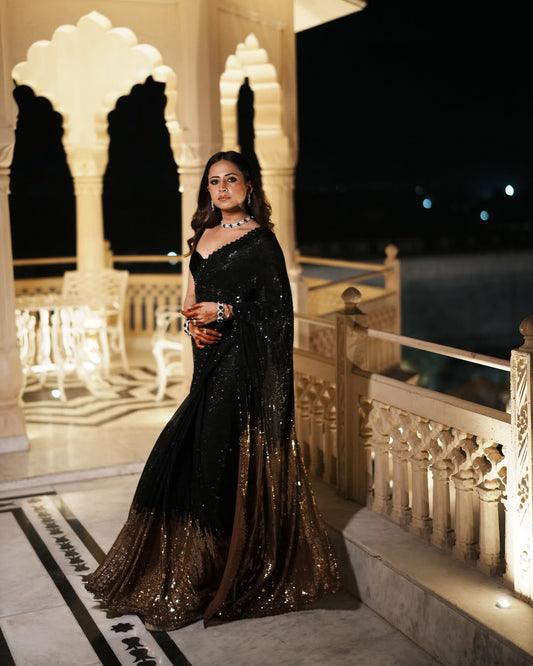 Sargun Mehta Black Sequin Saree Look Modern Party Wear