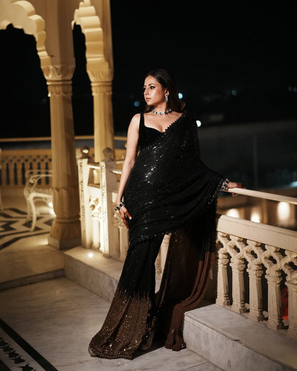 Sargun Mehta Black Sequin Saree Look Modern Party Wear