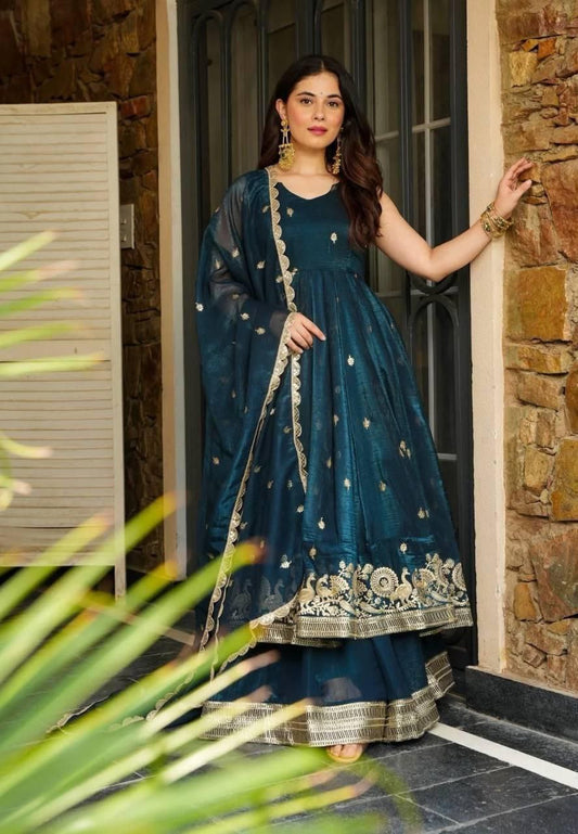 Teal Blue Anarkali Gown with Palazzo and Embroidered Dupatta