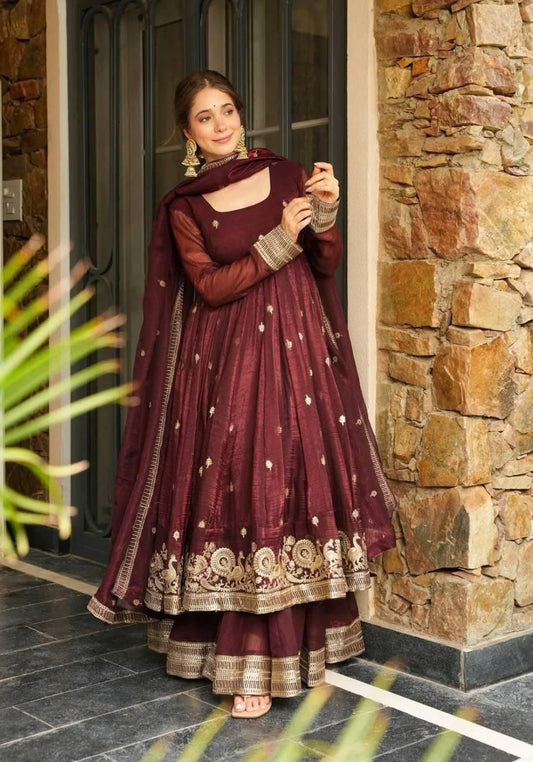 Royal Plum Maroon Anarkali Gown with Sequence Embroidery & Dupatta