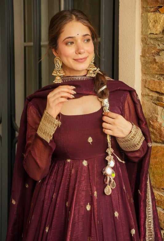 Royal Plum Maroon Anarkali Gown with Sequence Embroidery & Dupatta