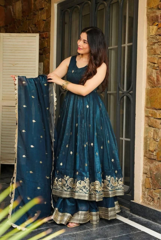 Teal Blue Anarkali Gown with Palazzo and Embroidered Dupatta