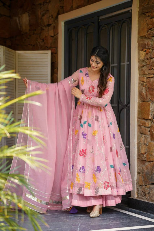 Pastel Pink Floral Anarkali Suit Set with Dupatta