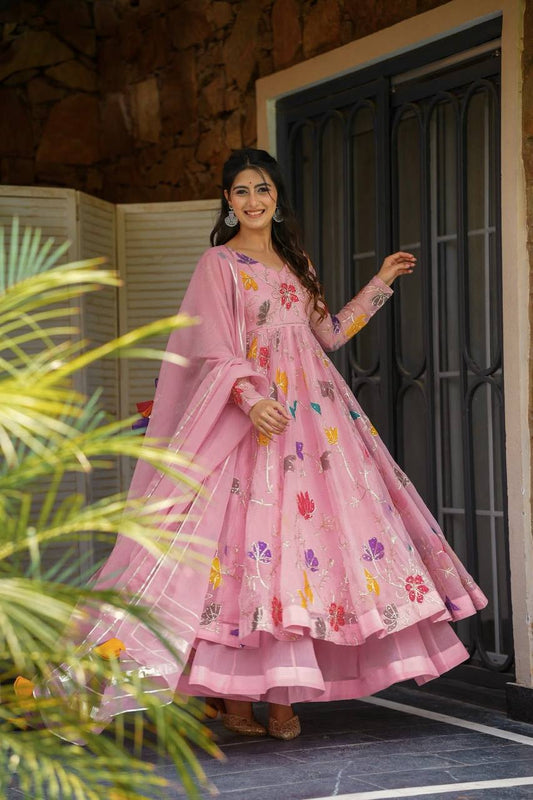 Pastel Pink Floral Anarkali Suit Set with Dupatta