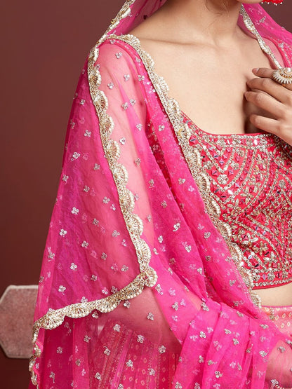 Rani Pink Bandhani Print Wedding Lehenga with Heavy Mirror Work Blouse & Net Dupatta