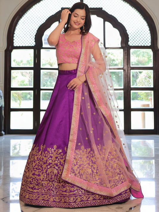 Purple Silk Embroidered Lehenga Choli with Pink Blouse & Net Dupatta for Weddings & Parties