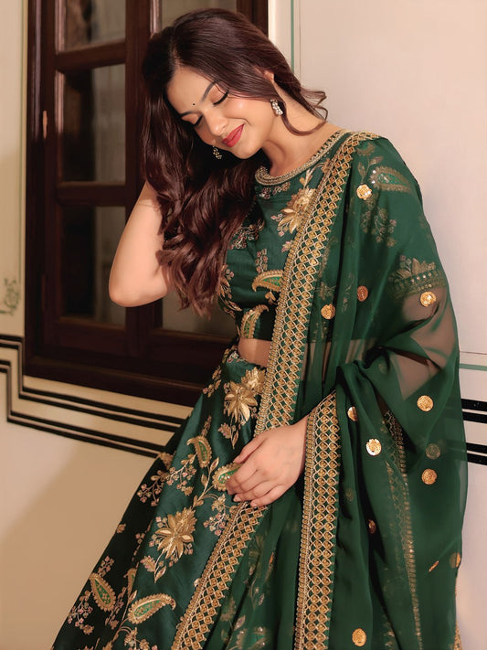 Dark Green Silk Embroidered Lehenga Choli with Dupatta for Wedding & Party Wear